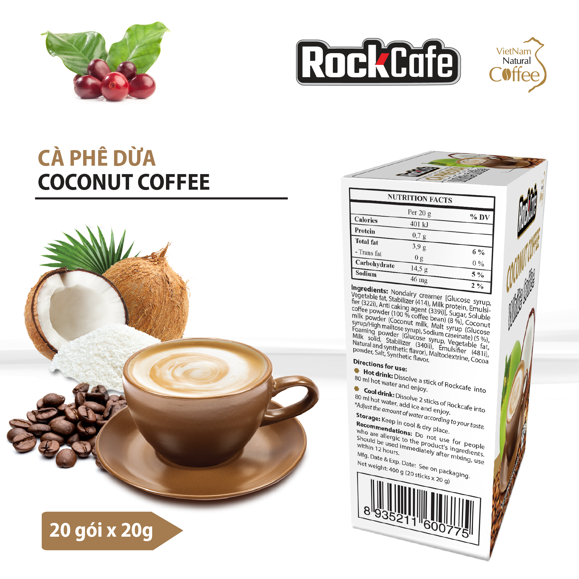 RockCafe - Cà phê hòa tan 3 trong 1 - Vị Dừa độc đáo - Thơm ngon - Tinh khiết - Cafe Việt Nam chuẩn vị - Hộp 20 gói x 20gr