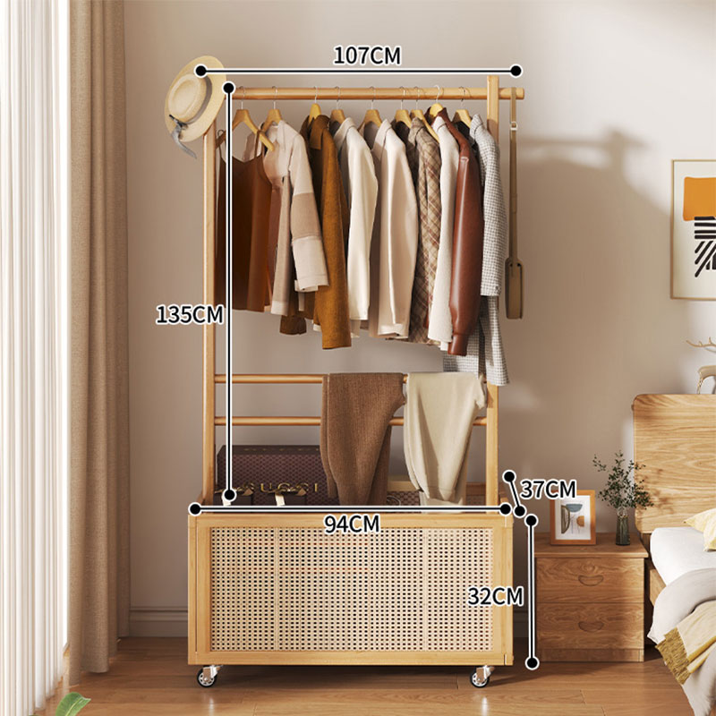 Coat rack solid wood movable light luxury storage clothes hanger household floor-standing bedroom clothes drying rack simple bold clothes hanger