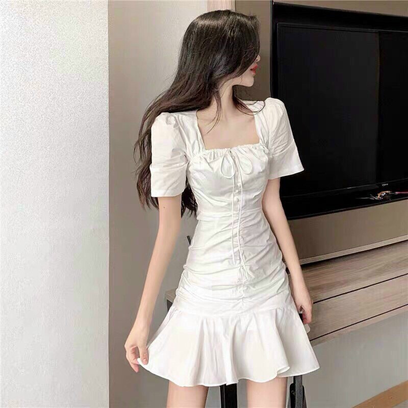 Váy Trắng, Váy Nữ, Đầm Nữ Cổ Vuông Đuôi Cá