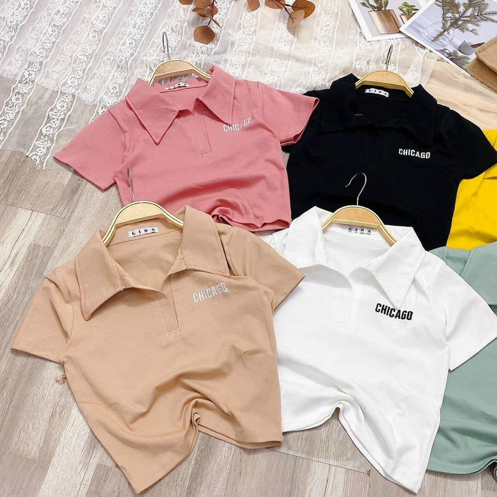 Áo croptop thun cổ trụ ngắn tay kèm in chữ chicago dễ thương ttsla0733