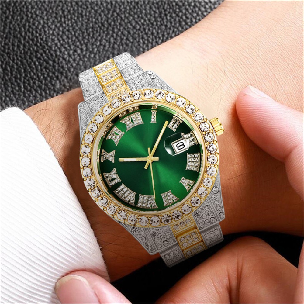 【Exclusive Offer】Stylish Diamond-encrusted Roman numeral steel strap watch for men, featuring a daily calendar quartz movement and a starry sky design. A trending product for modern gentlemen..