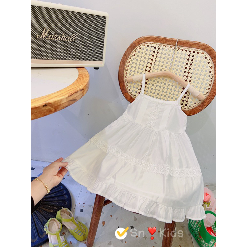 Váy đầm 2 dây ren trắng hồng cho bé gái