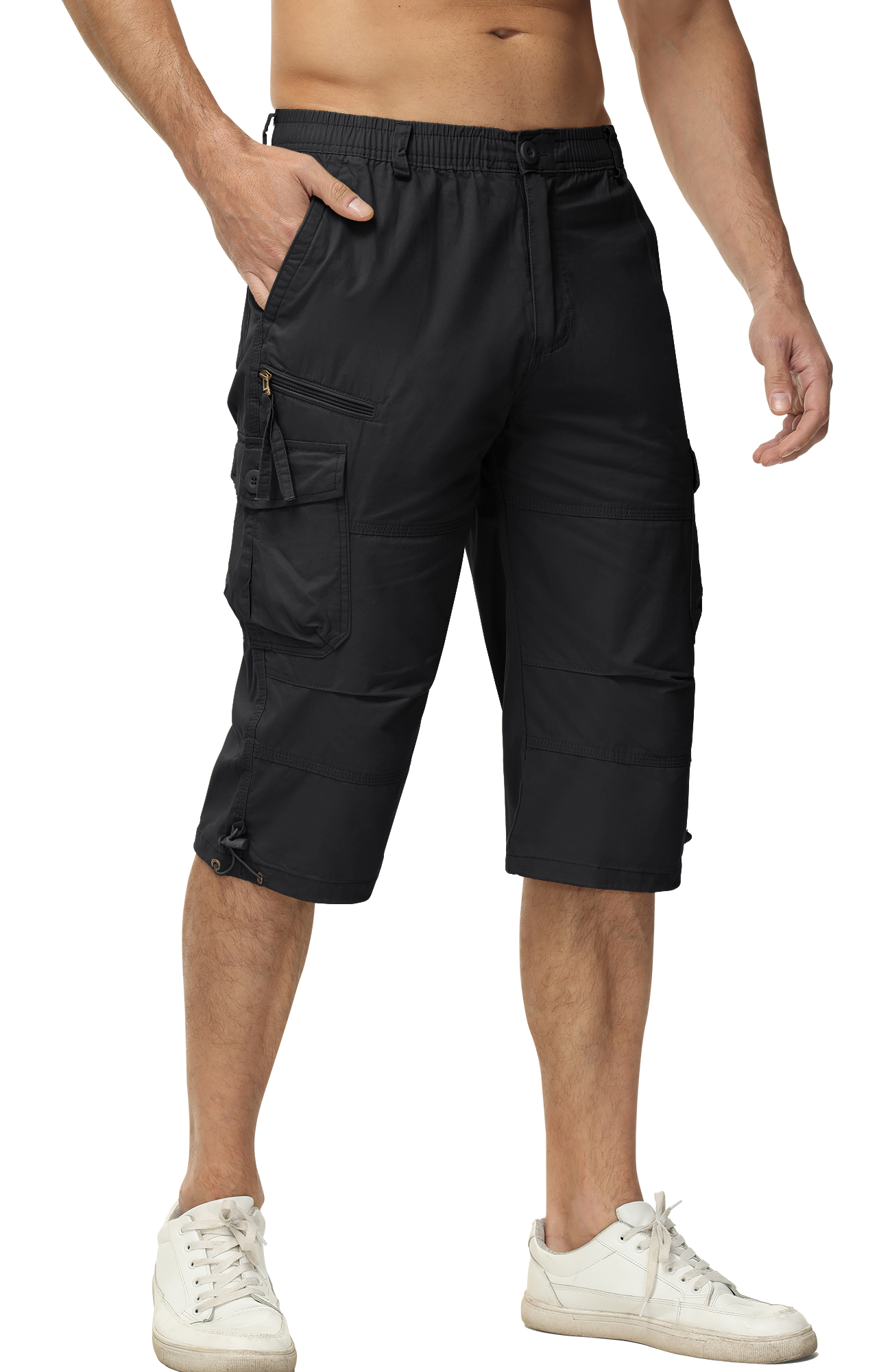 TACVASEN Cotton Below Knee Length 3/4 Long Shorts Men's Tactical Capri Pants  Multi Pocket Summer Twill Work Cargo Pants Man