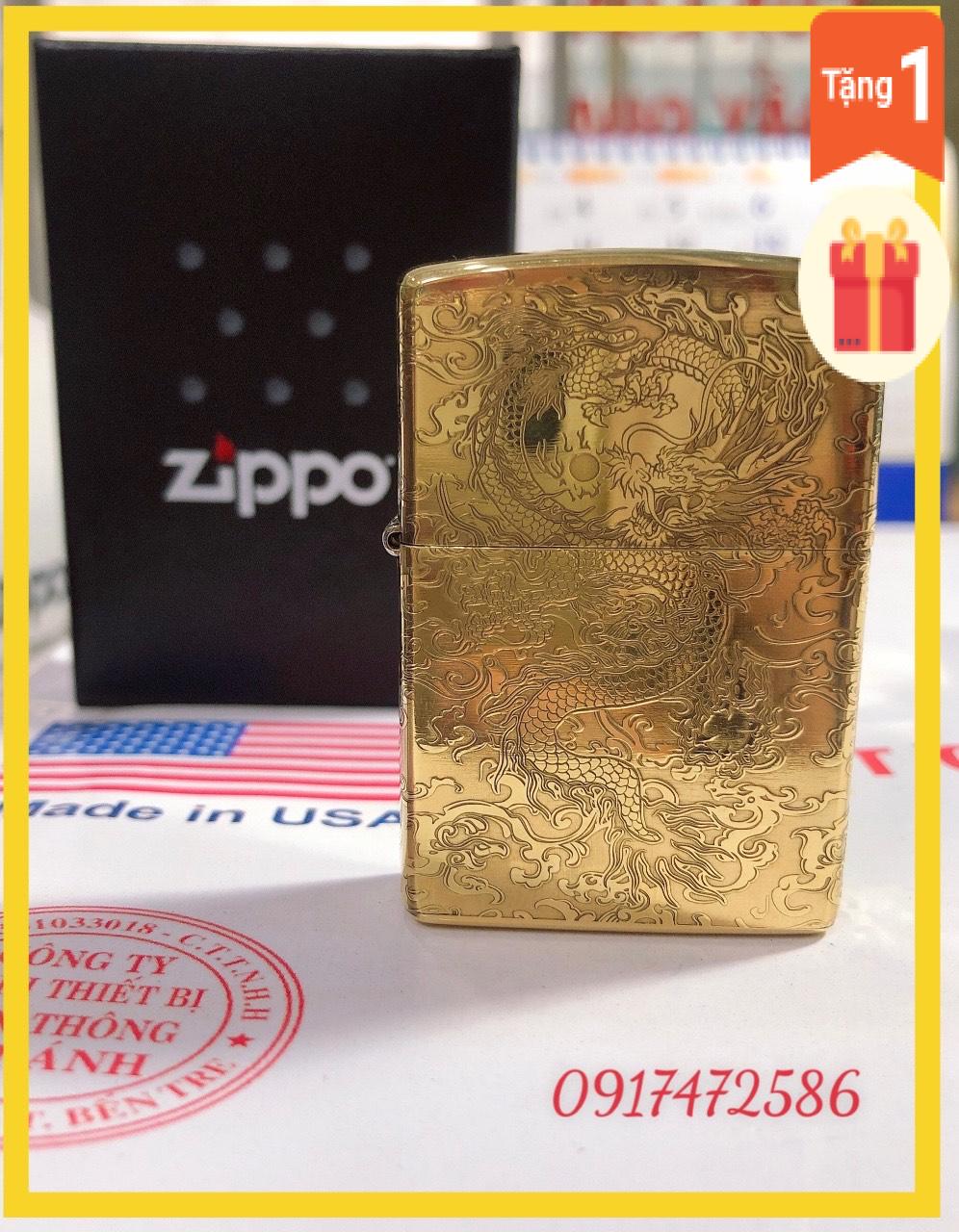 Bật lửa Zippo Mỹ 204B Brushed Brass, Khắc ăn mòn 5 mặt Chủ đề Rồng Phun Châu, Hàng chính hãng