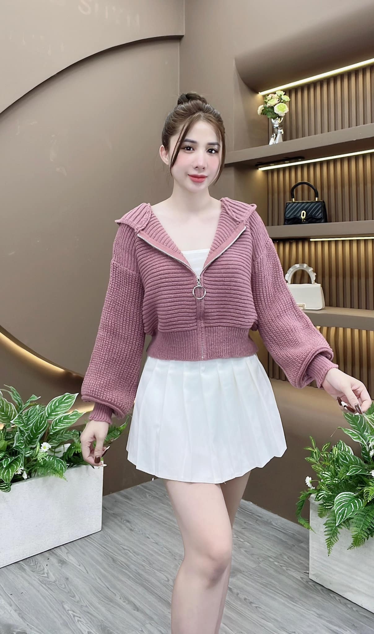 Áo khoác len cardigan nữ phối dây kéo tròn có nón dáng ngắn len dày nhiều màu
