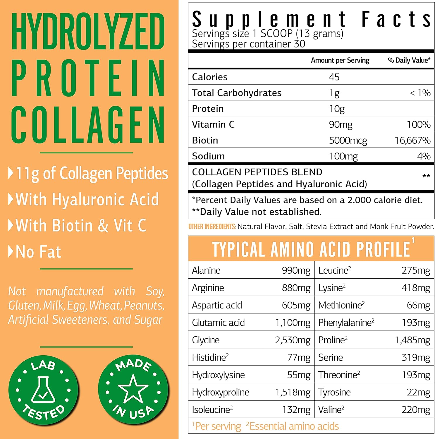 Vanilla Collagen Powder. Collagen with Hyaluronic Acid and Vitamin C. Collagen Powder Vanilla Collagen Protein Powder. Collagen with Vitamin C & Biotin for Hair, Skin, Nails, Joint. Keto, Type 1 and 3  390gm. 