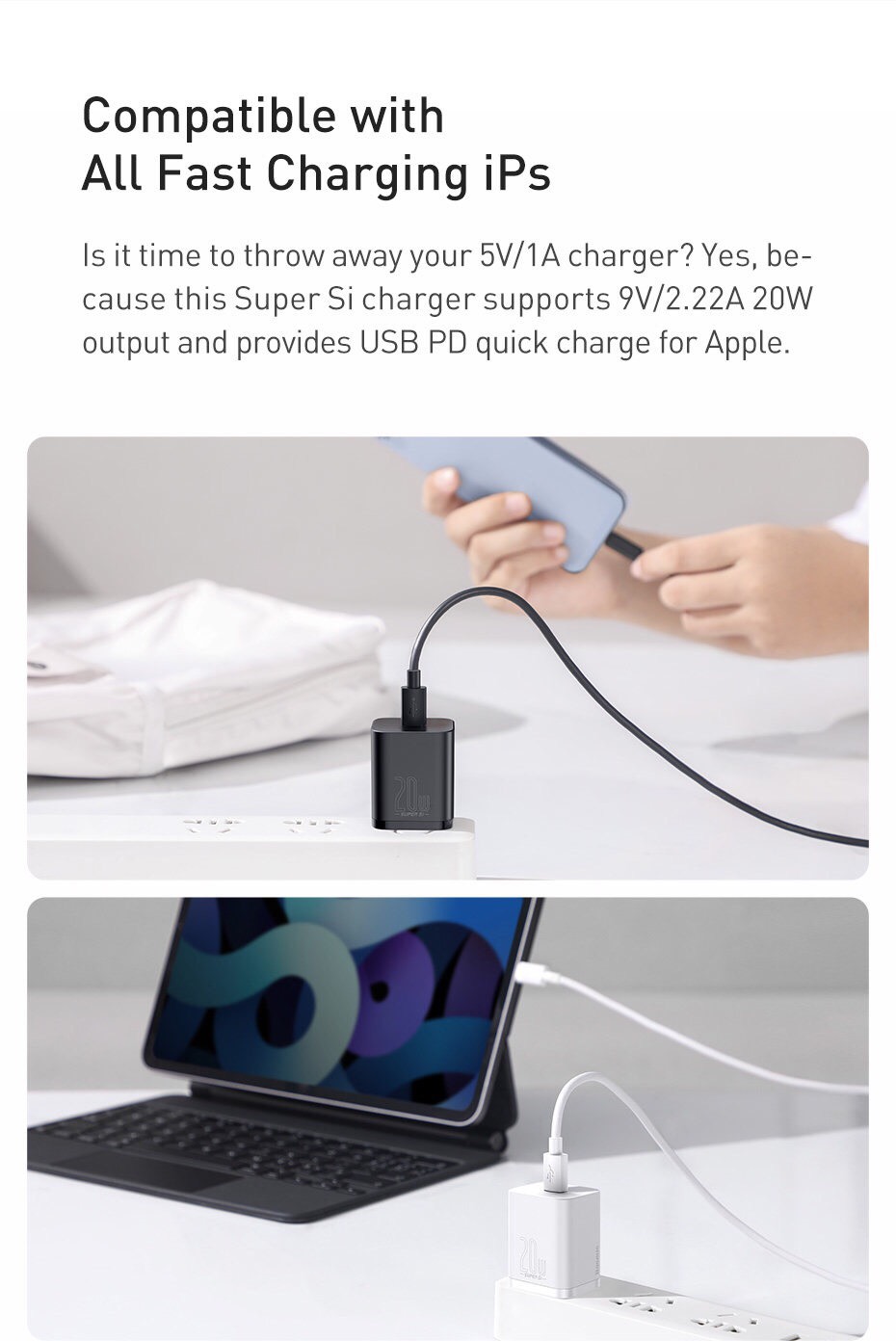 Củ sạc Baseus 20W USB C hỗ trợ sạc nhanh Type C PD cho iPhone 12 Pro Max 11 Mini 8 Plus