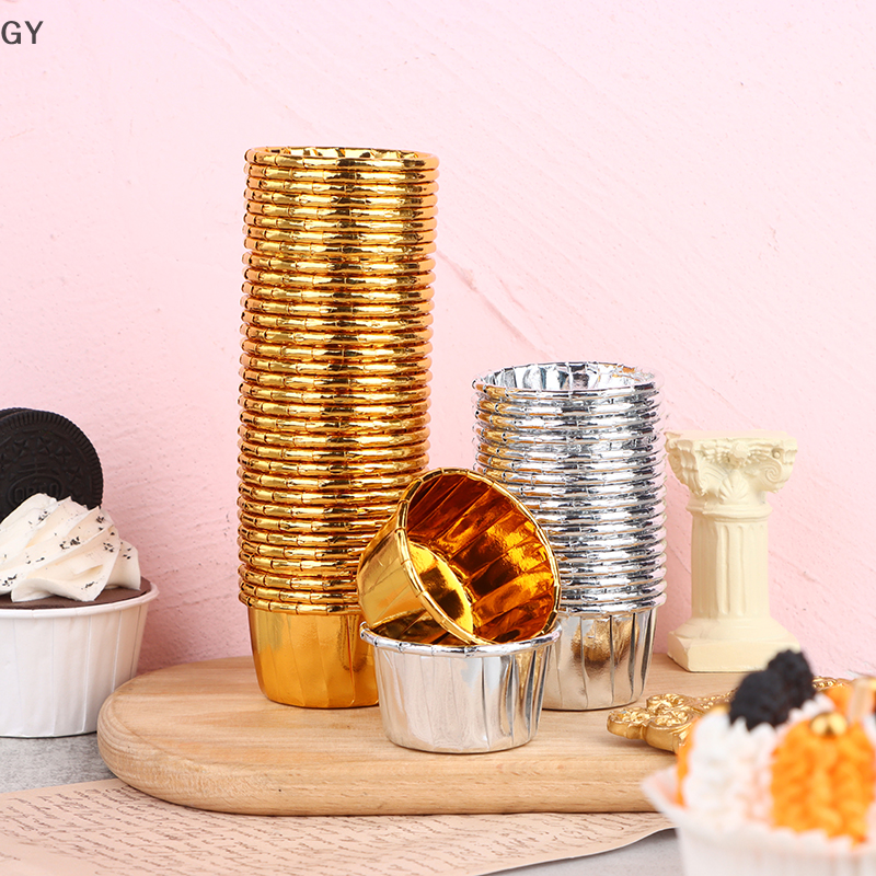 GY 50pcs mini cupcake Foil Cupcake Wrapper Paper Gold Silver Cupcake Baking Cups
