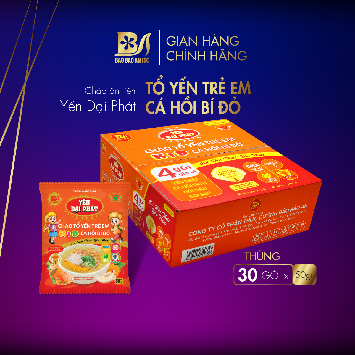 HCM- Cháo Tổ Yến Trẻ Em Cá Hồi Bí Đỏ  Thùng 30 gói x 50gr tiện lợi thơm ngon dinh dưỡng cao Bao Bao An JSC