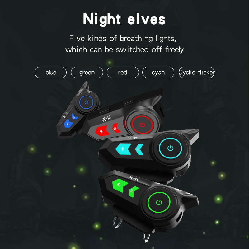 Motorcycle Bluetooth Headset X-15 Waterproof Noise Reduction  1200mAh Wireless Hands-free Automatic Answering with Ambient Lights Headphone