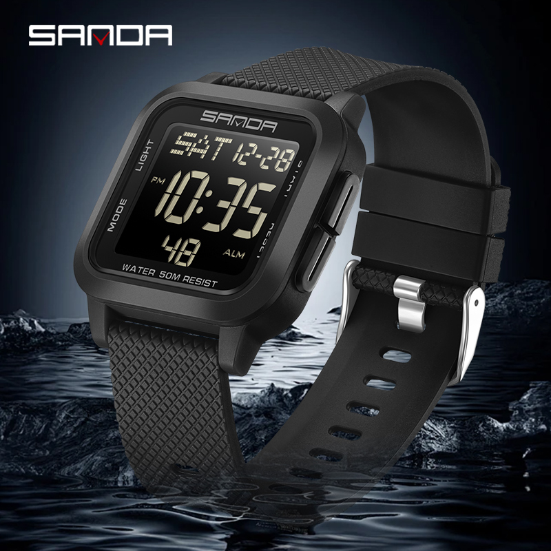Sanda Square Solid Color Watch Retro Trendy Night Light Waterproof Electronic Men's Watch SD2194-6.
