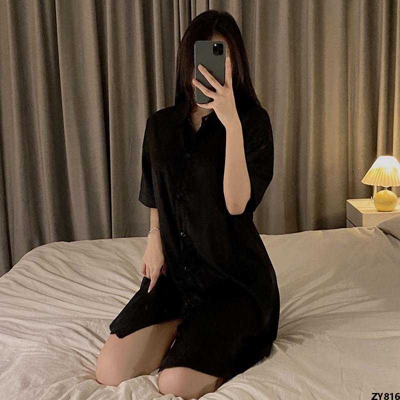 Bộ đồ bạn trai áo sơ mi trắng phong cách thuần túy mới 2023 váy ngủ mùa hè lụa băng váy ngủ áo sơ mi nữ phong cách đồ ngủ