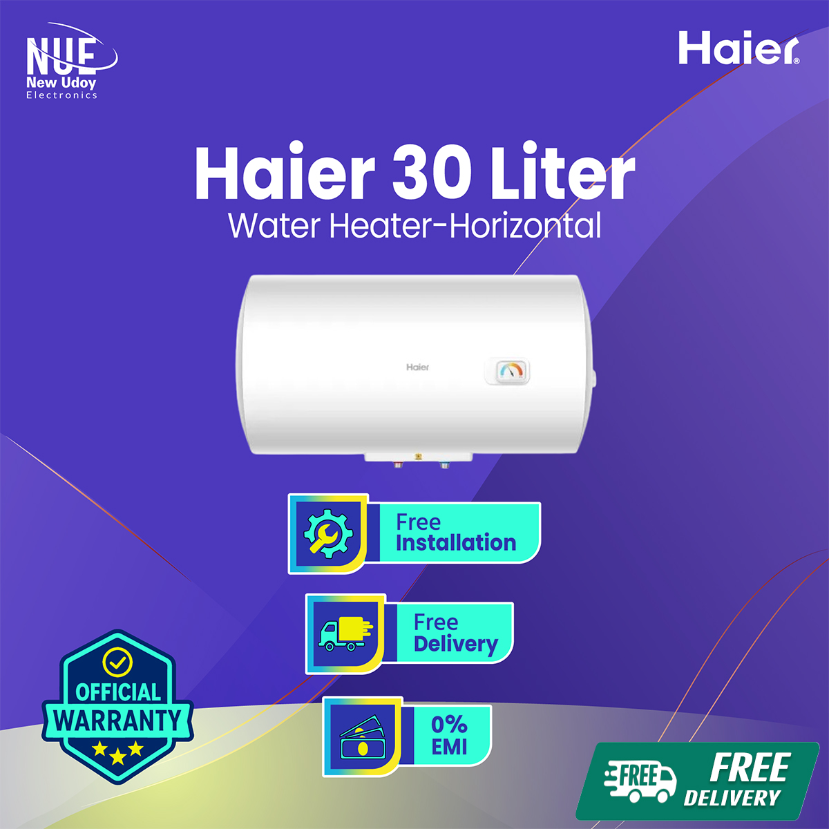Haier 30 Litre Water Heater / Geyser- Horizontal with Official Warranty 🚚 Free Delivery  💳 0% EMI Available, Official Warranty by Haier with Free Delivery. 