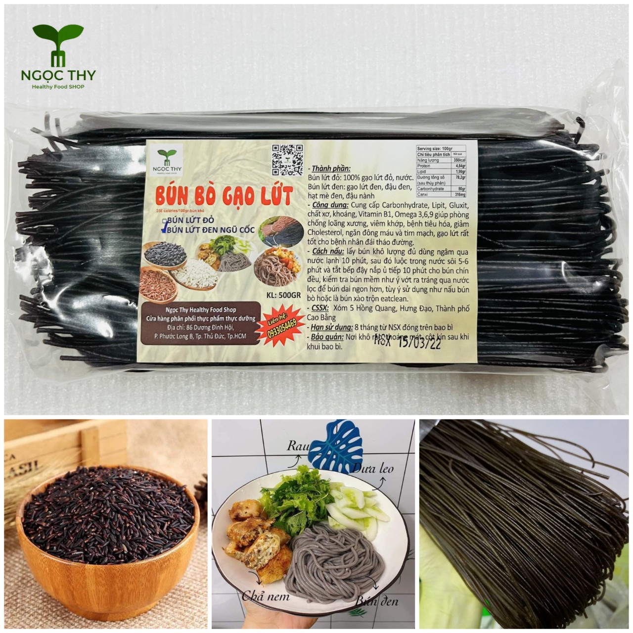 Bún bò gạo lứt đỏ/lức đen NT Food 500gr, bún lứt sợi to ăn eatclean thực dưỡng