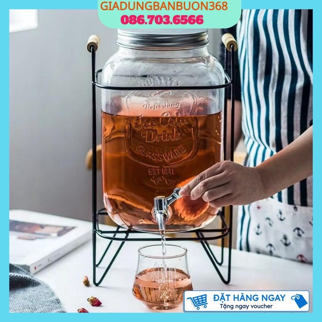 Bình đựng nước để tủ lạnh thuỷ tinh 4l có vòi vặn tiện lợi kèm kệ xinh xắn, bình 4l mix nước hoa quả