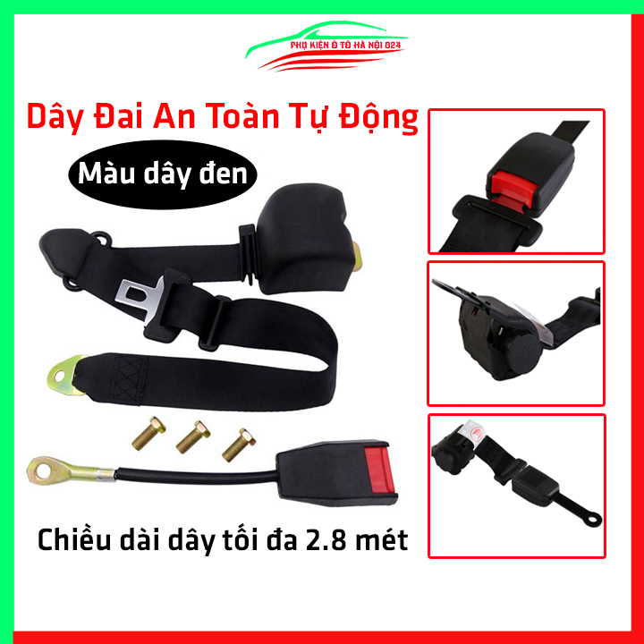 Dây đai an toàn tự động chắc chắn 2.8m màu đen, seatbelt lắp cho ô tô, xe hơi