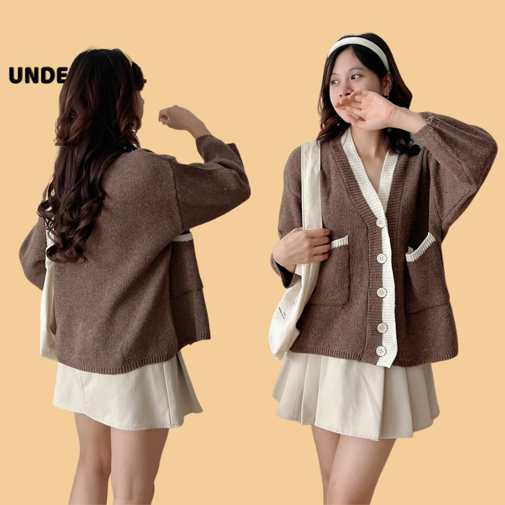 Áo Khoác Len Cardigan Phối viền UNDERCOOL dáng dài mầu đen nâu trắng