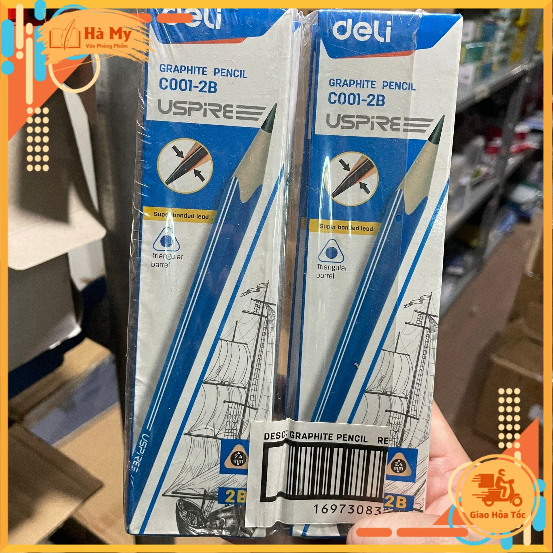 (Hộp 12 Cây) Bút chì tam giác 2B Deli EC001 Có Gôm