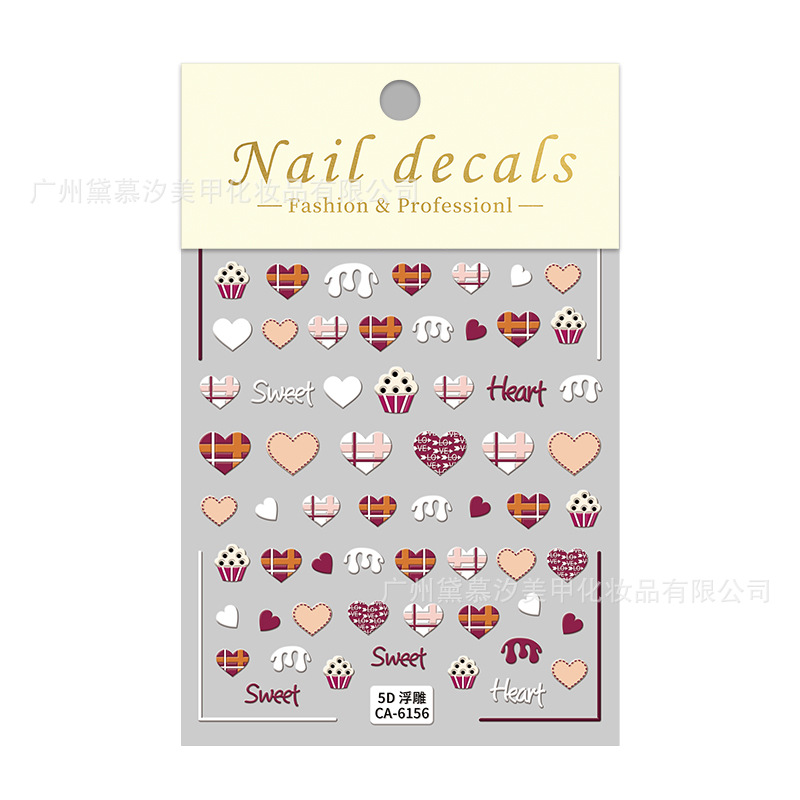 Sticker Nail 5D Lụa Nổi | Tim Đỏ & Bánh Kẹo | Hình Dán Móng Tay CA