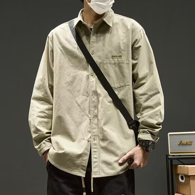 KYUSHUAD Men's versatile American workwear long-sleeved shirt Lapel buttoned solid color casual shirt