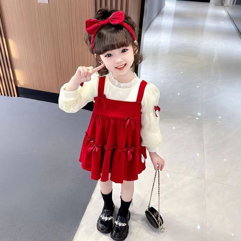IP Baby girl princess dress, girl's New Year's greeting dress, long-sleeved bow dress, girl's red dress