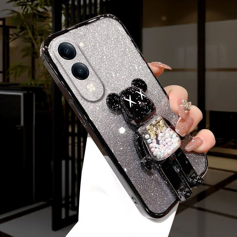 For Vivo Y04 Y29S Case with Cartoon 3D Bear Stand Luxury Slim Gradient Plating Glitter Girls Stylish For Vivo Y29S Y04 Back Cover. 