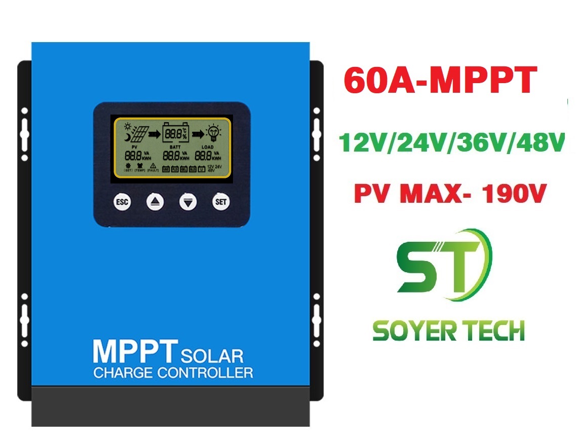 Bộ điều khiển năng lượng mặt trời mppt-soyer tech mppt 60a-12v-24v-36v-48v bộ điều khiển sạc tự động nhận bình