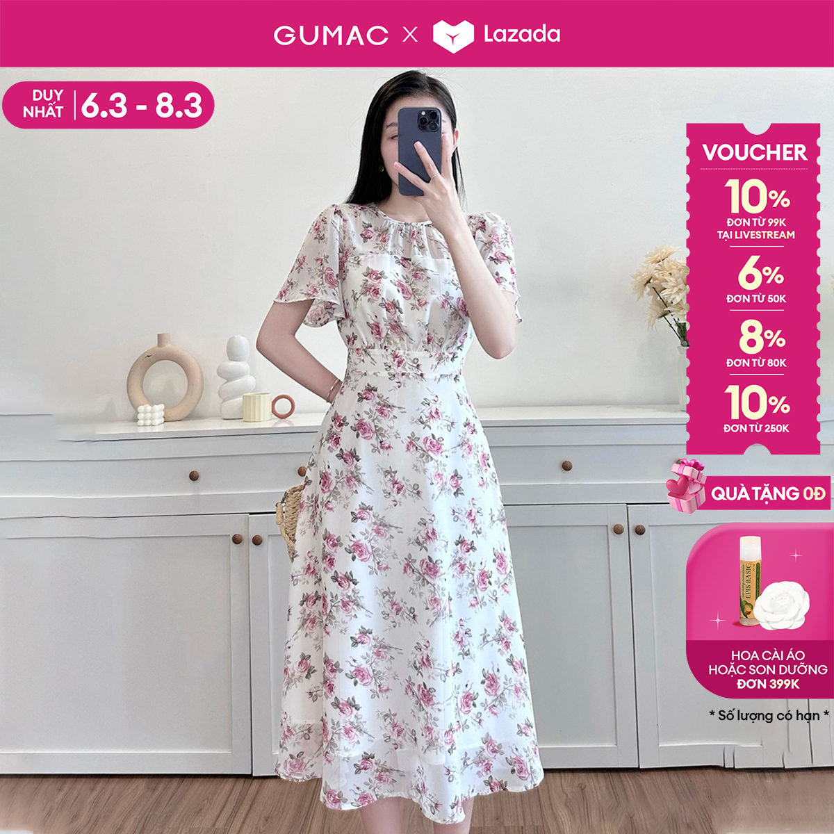 [15 - 17.6 |Voucher 8-15%] Đầm nữ dáng A công sở GUMAC LDD1217 nhún eo phối nút trang trí