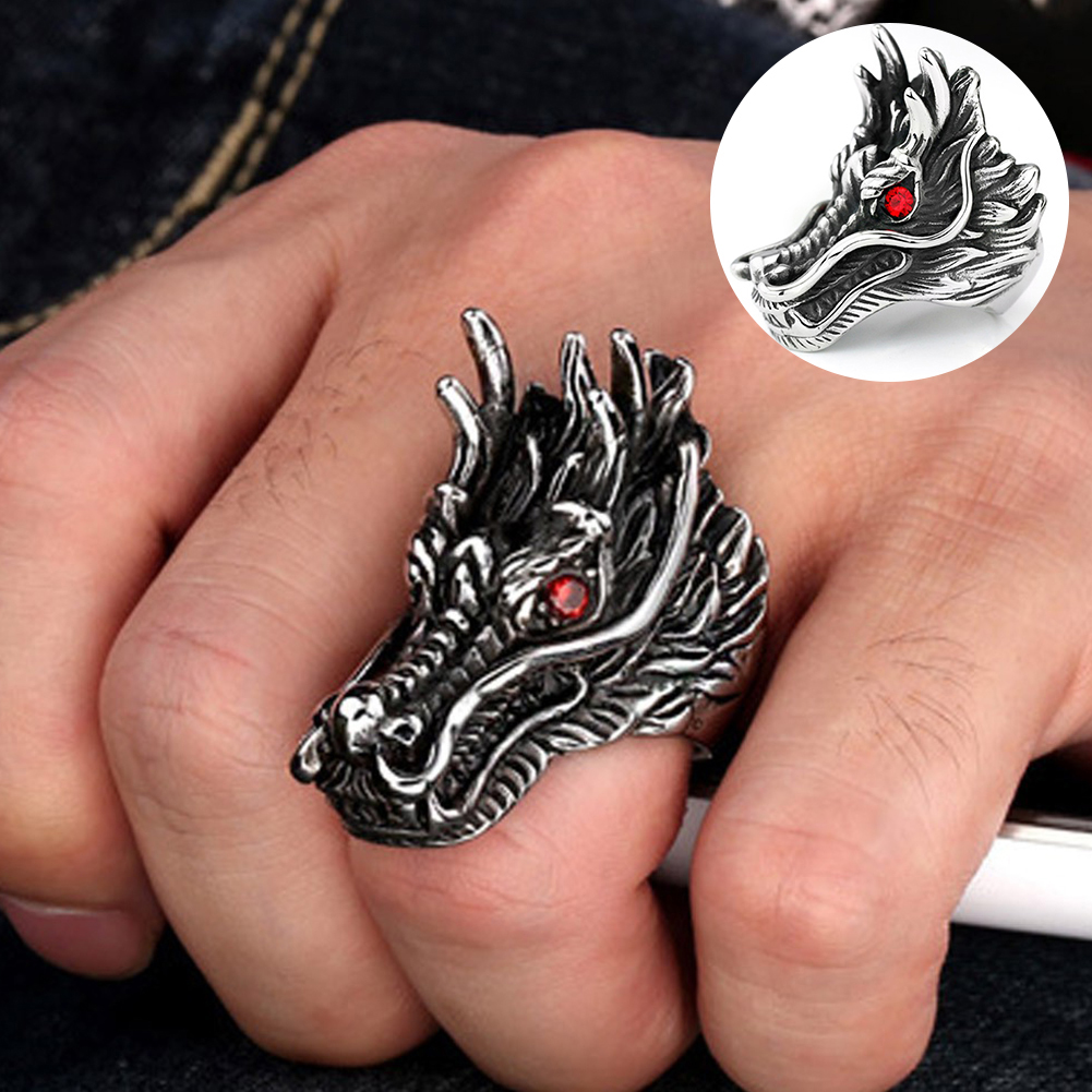 1pc Punk Finger Ring Jewelry Cubic Zirconia Inlaid Carved Dragon Head Gift for Men