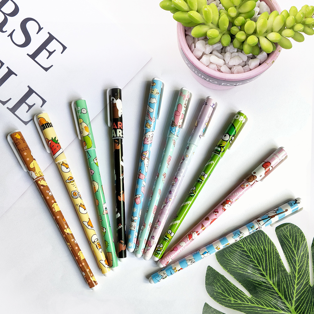 Combo 10 bút mực nước gel xanh dương đậm nhạt xanh lá tím hồng cam đỏ ngân hà hoạt hình họa tiết cute