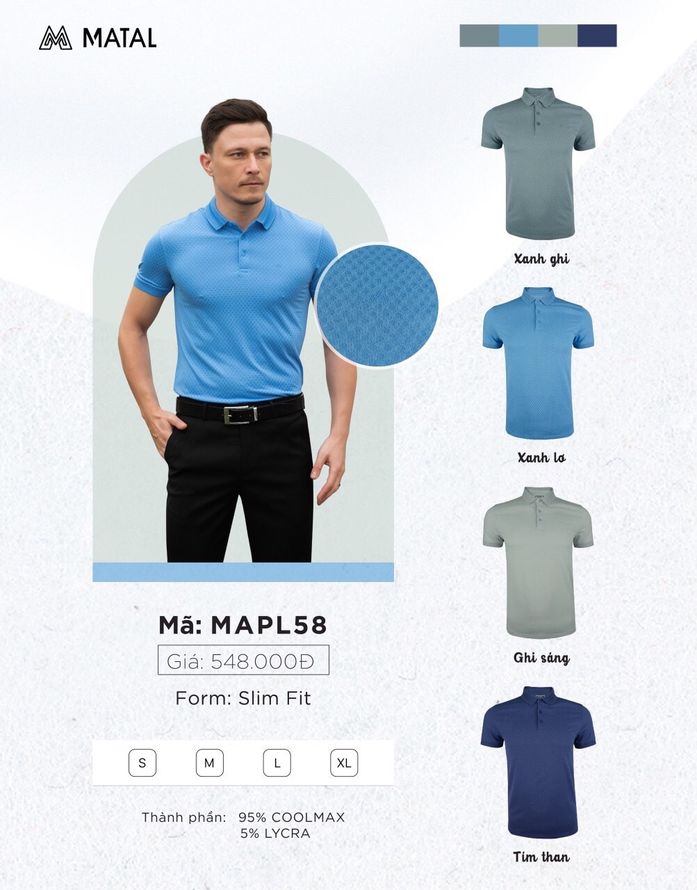 Áo phông polo có cổ matal dáng slimfit chất vải 95% coolmax