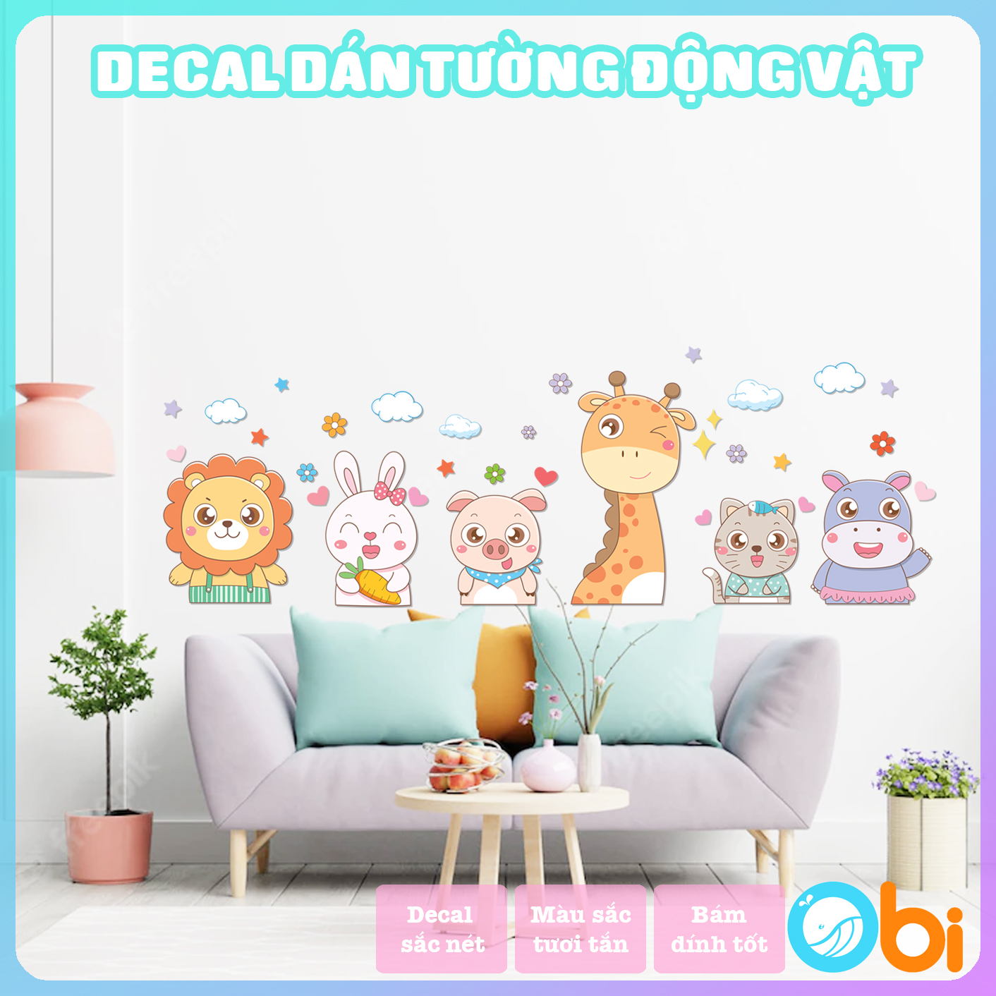Decal dán tường cho bé  - Decal động vật vui vẻ Obi