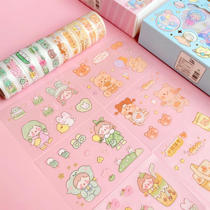 Hộp 5 cuộn washi và sticker dán trang trí