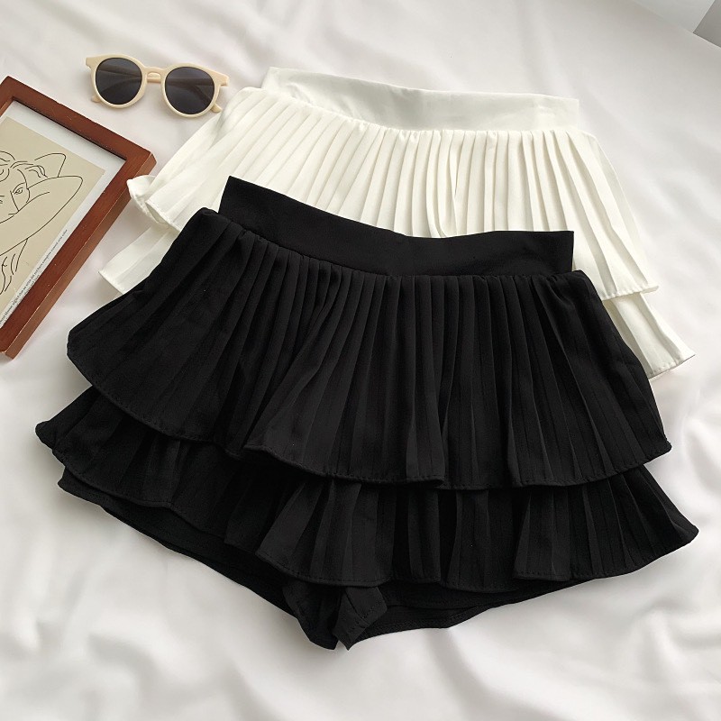 Chân váy xòe xếp ly ngắn nữ 2 tầng màu đen lưng cao có quần lót trong - Mặc  Đi chơi Đi làm đẹp - Chất vải Umi Hàn co dãn -