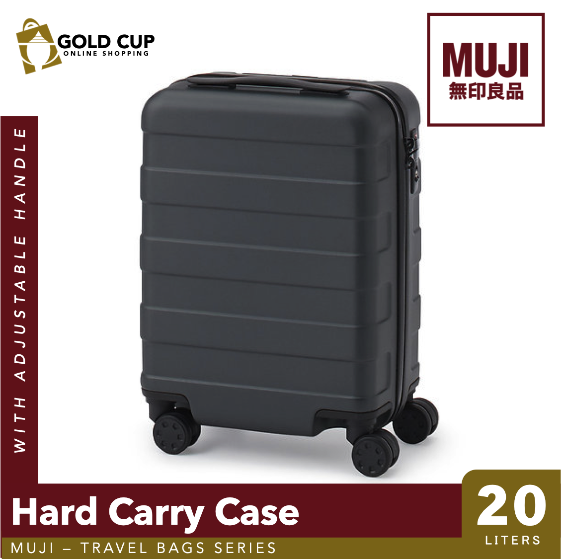 MUJI Hard Carry Case with Adjustable Handle and Carry Bar (20L) Dark