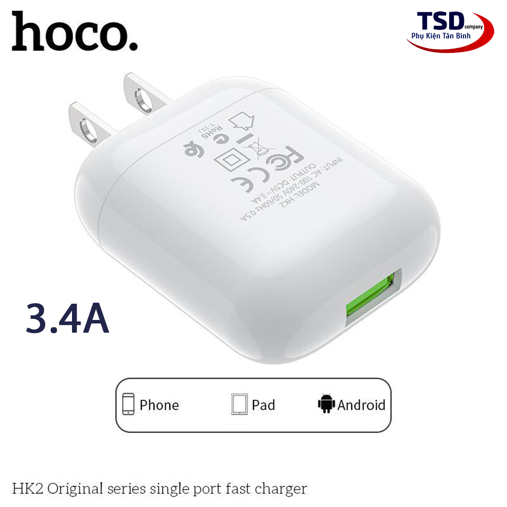 Củ Sạc Hoco HK2 Chính Hãng 3.4A Chân Sạc Dẹt Tiêu Chuẩn