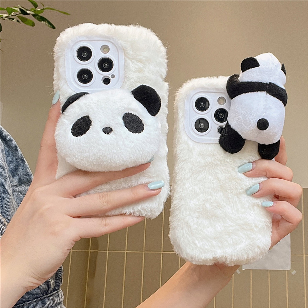 Plush soft case for iphone 11 12 13 14 15 pro max casing 14 15 plus back cover cute cartoon panda shell silicone shockproof phone case