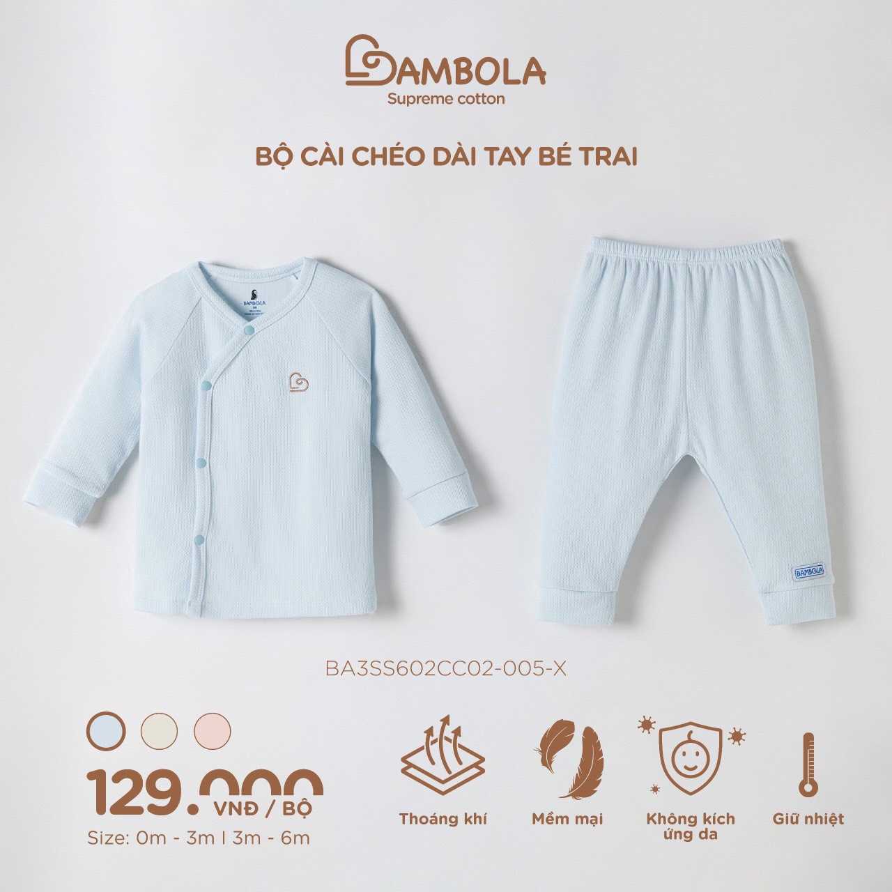 BAMBOLA Bộ áo quần dày tay BAMBOLA cài cúc chéo/ cúc giữa chất liệu cotton nu petit cao cấp cho bé yêu từ 0 - 6 tháng
