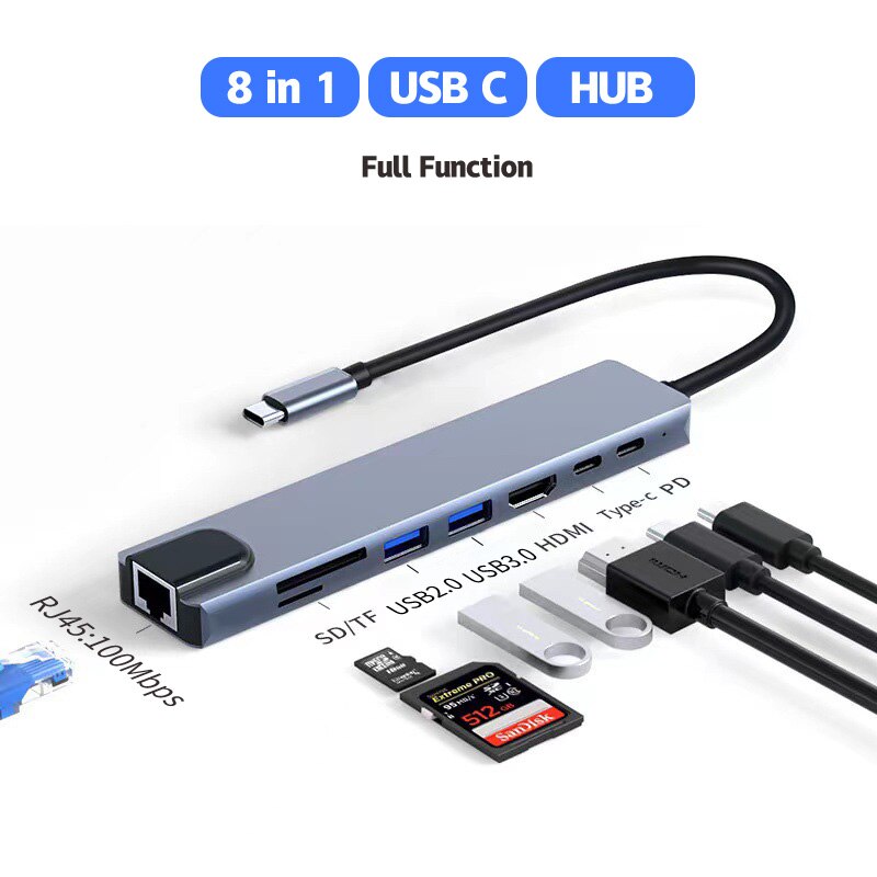 Type C 8 In1 USB C Hub 8In1 Type C HDMI 4K Adapter RJ45 Lan Ethernet TF SD Reader USB-C 3.0 Typec Docking Station Laptop Macbook