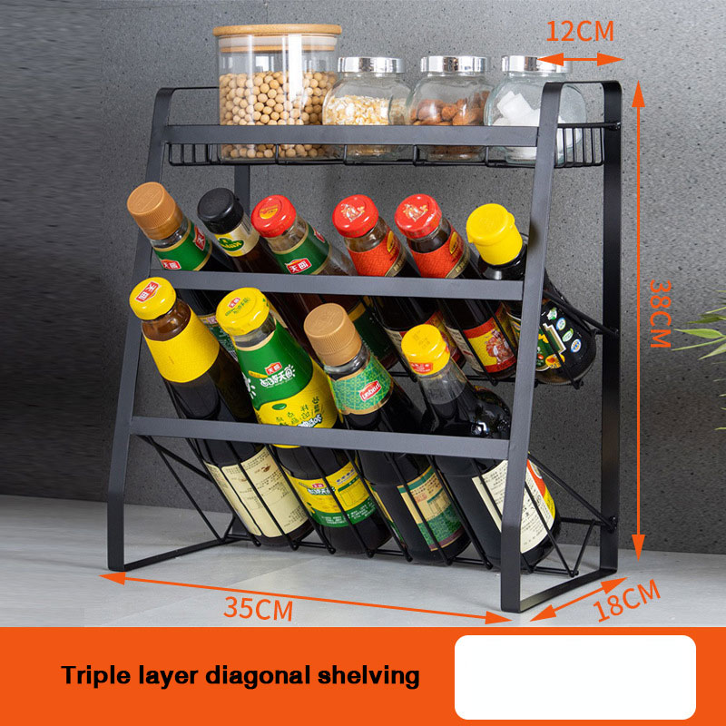 Kitchen storage rack, tabletop, iron art, multi-layer seasoning rack, multifunctional seasoning bottle, layered storage rack solid Metal