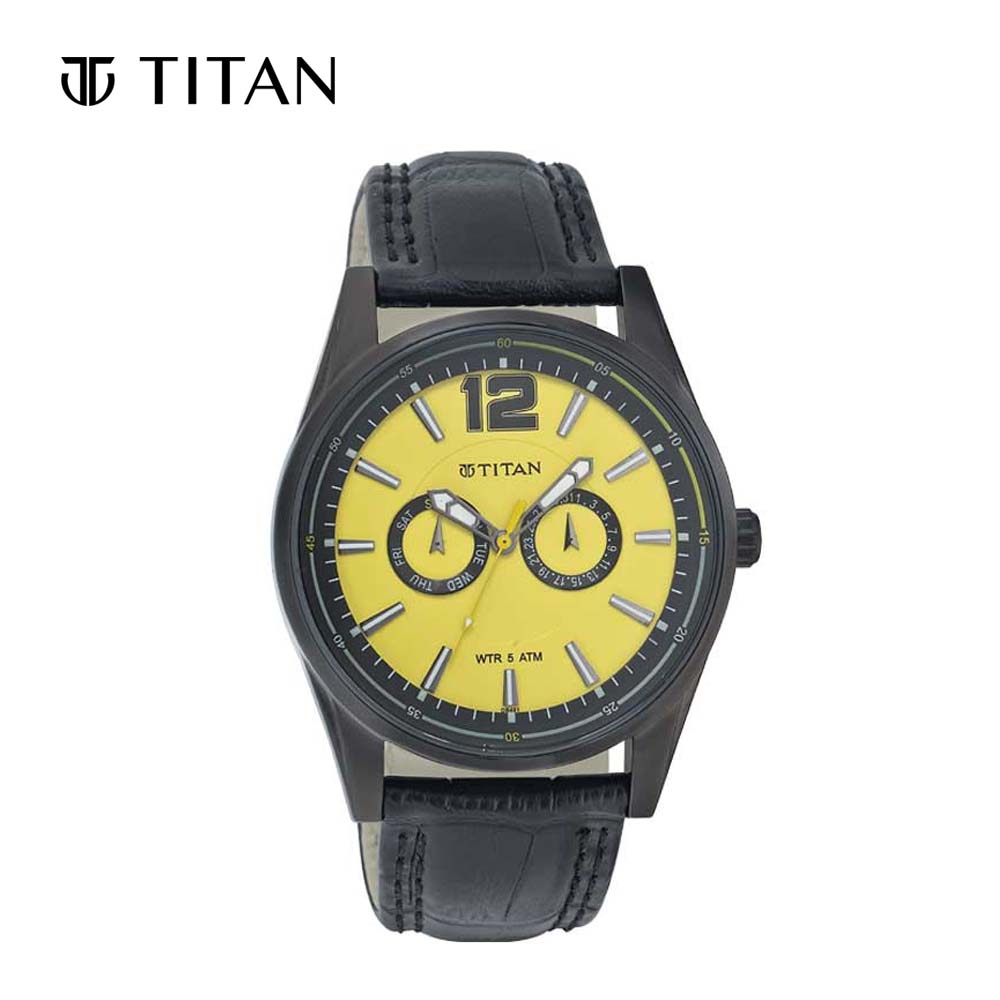 Titan Octane Yellow Dial Black Leather Strap Analog Men's Watch