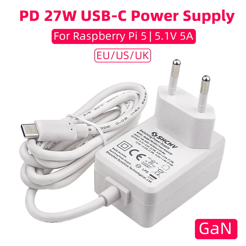 【Popular Categories】 Raspberry Pi 5 5.1V 5A Power Supply PD 27W USB Type C GaN Charger EU UK Plug Po
