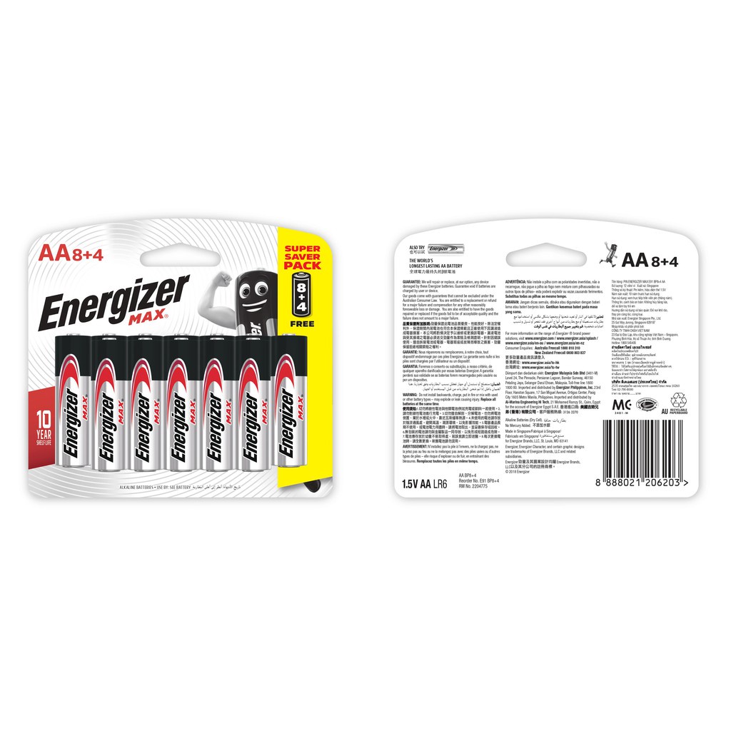 Pin AA Energizer Max E91 BP8+4 - Vỉ 8 Tặng 4