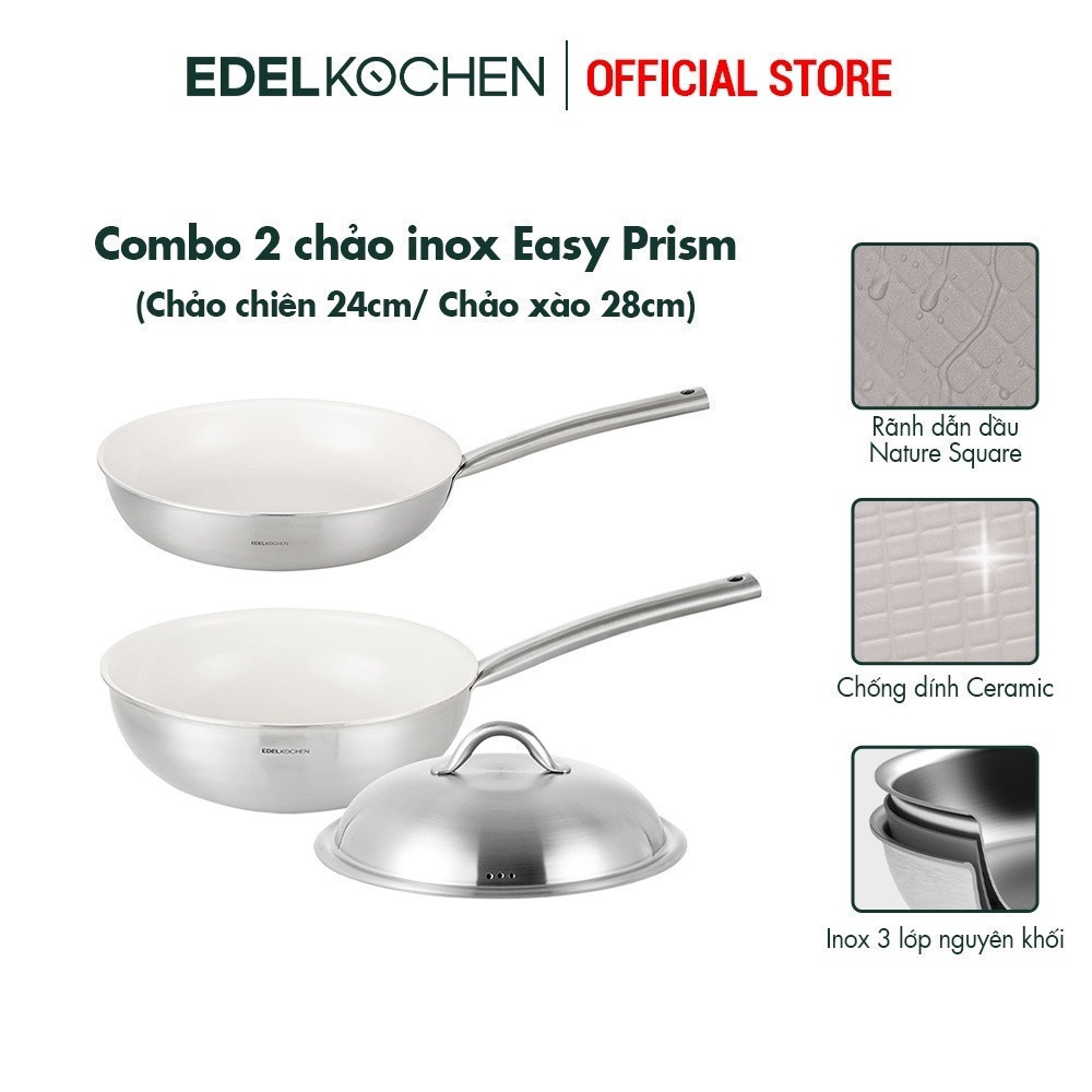 Combo of 2 Edelkochen Easy Prism Stainless Steel Pans - Cream Color (24cm Frying Pan/28Cm Stir-Fry Pan)