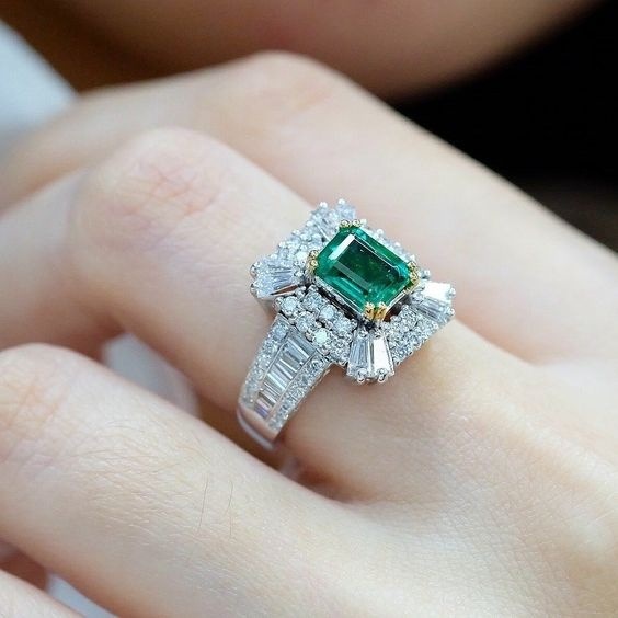 Emerald Diamond Square Princess Ring Engagement Ring