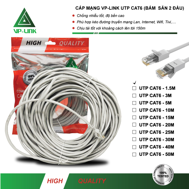 Cable lan vp-link utp cat 6 - 20m/ 25m/ 30/ 40m, bấm sẵn 2 đầu - cáp mạng