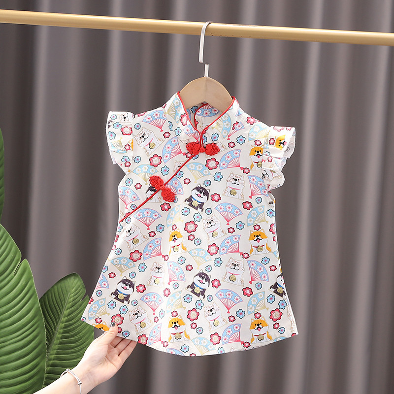 YADOU girls cheongsam summer children's cotton and linen dress Girls Chinese New Year Outfit Retro Fashion Red Cheongsam