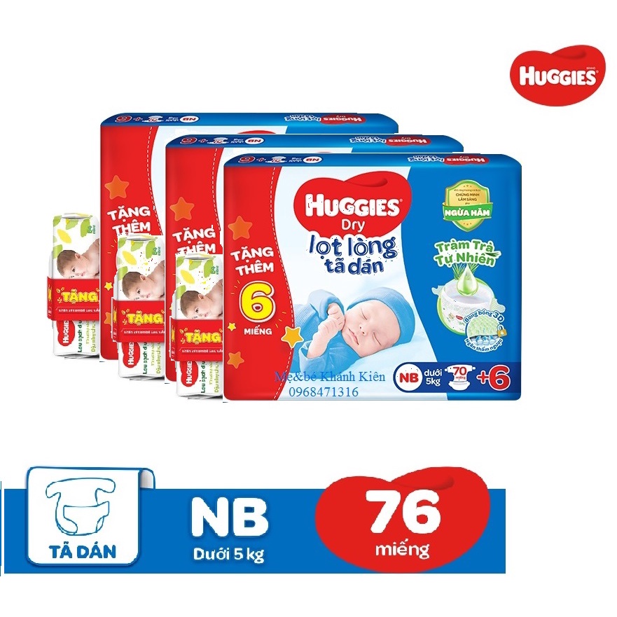 Combo 3 Bịch Tã Dán Sơ Sinh Huggies Size NB70 +6 Miếng (Tặng Kèm Khăn Ướt 64 Miếng)