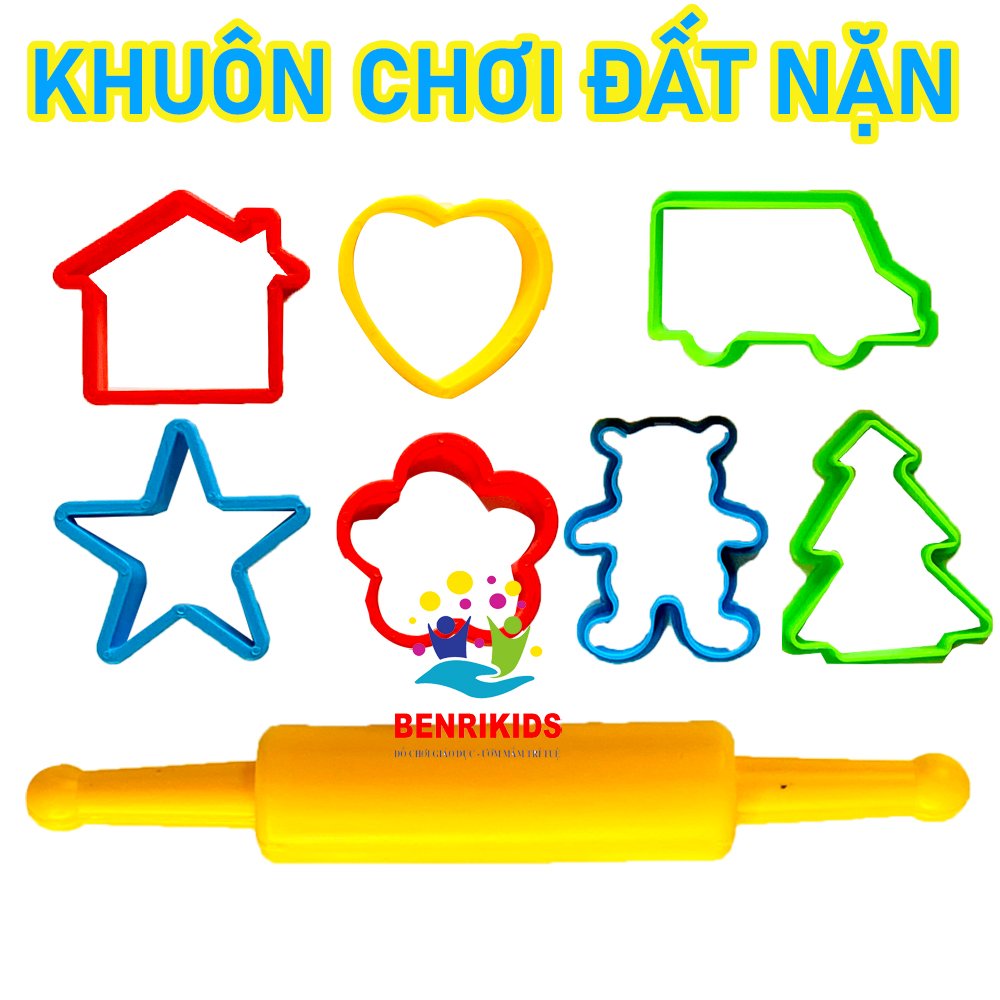 Bộ 8 khuôn đất nặn khuôn làm bánh kèm 1 thanh lăn to cho bé chơi trò đất nặn đất sét, bé học làm bánh, đồ chơi giáo dục trẻ em