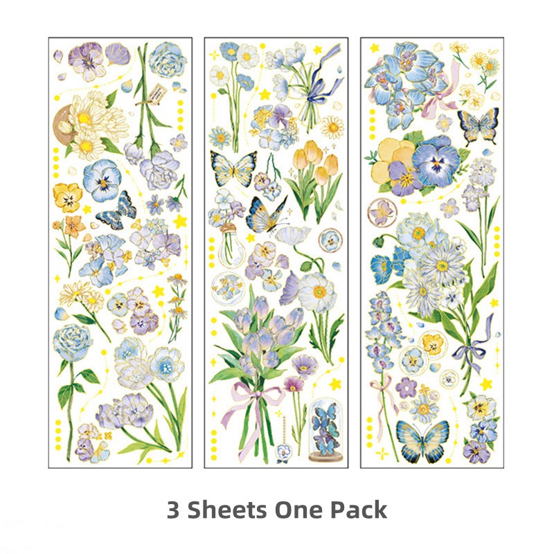 3 Sheets Dazzling Flowers Series Waterproof PET Bronzing Stickers ...